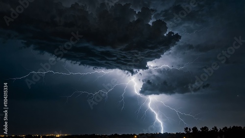 Blue lightning streaking across the sky. photo