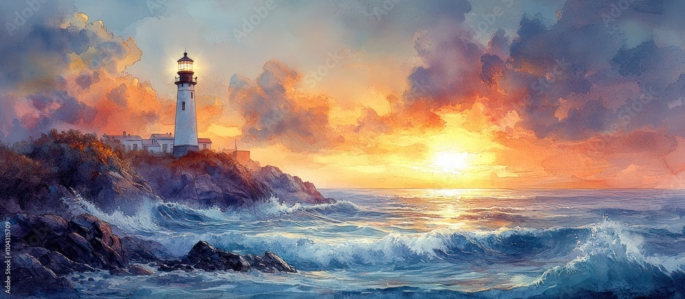 Dramatic sunset over ocean waves crashing against rocky coast with lighthouse. Dramatic sunset over ocean waves crashing against rocky coast with lighthouse.