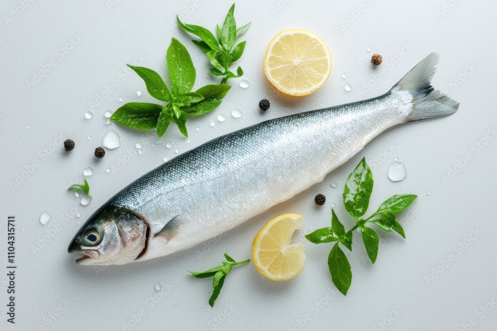 Fresh fish garnished with lemon slices, green herbs, and peppercorns on a clean surface, ideal for culinary projects, recipe books, or food-related content, Fresh fish garnished with lemon slices, green herbs, and peppercorns on a clean surface, ideal for culinary projects, recipe books, or food-related content,