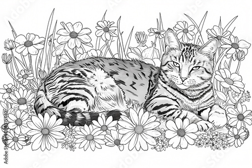 Wallpaper Mural A detailed illustration of a resting cat among blooming daisies, showcasing its striking features and serene expression. Torontodigital.ca