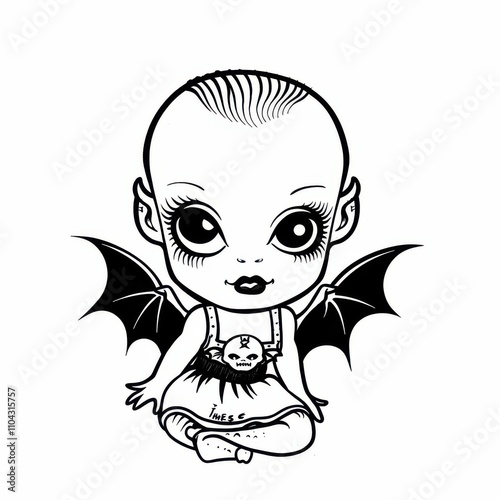 Baby gothic cute characters in kewpies, line tattoo style. Ai generative photo