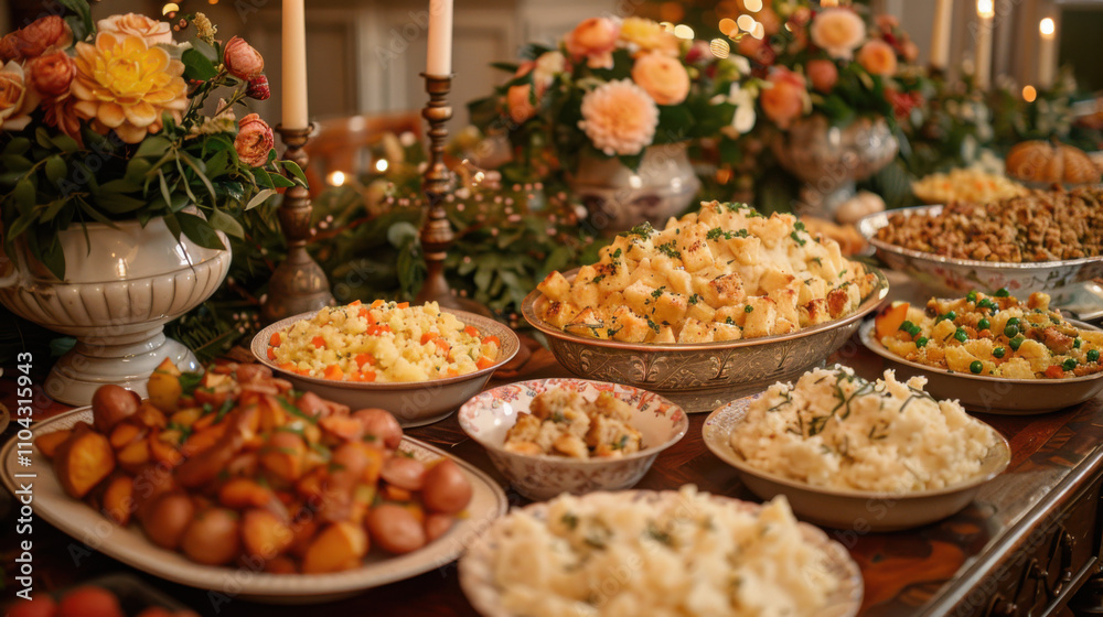An assortment of Thanksgiving side dishes, including stuffing, mashed potatoes, and roasted vegetables, displayed․ An assortment of Thanksgiving side dishes, including stuffing, mashed potatoes, and roasted vegetables, displayed․