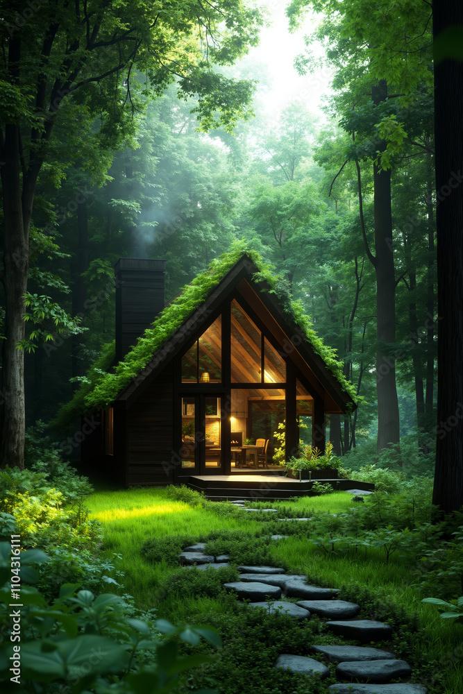 A small cabin in the middle of a lush green forest A small cabin in the middle of a lush green forest