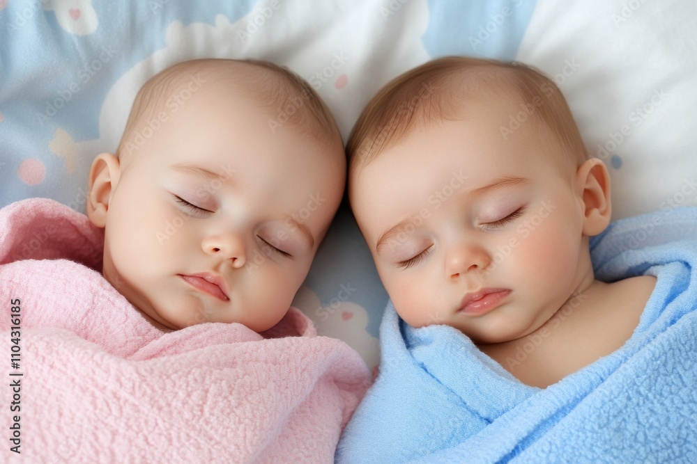 Twins peacefully sleeping together in cozy blankets on soft bedding Twins peacefully sleeping together in cozy blankets on soft bedding