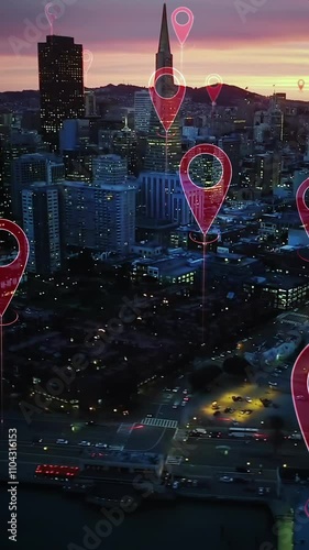 Technology concept, data communication, artificial intelligence. Aerial smart city. Localization icons in a connected futuristic city. Internet of things. San Francisco skyline.