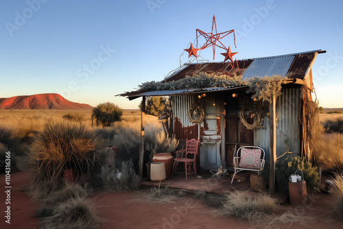 A shack made of corrugated iron in the rural African Karoo countryside with Christmas decorations and ornaments. Festive countryside hut.