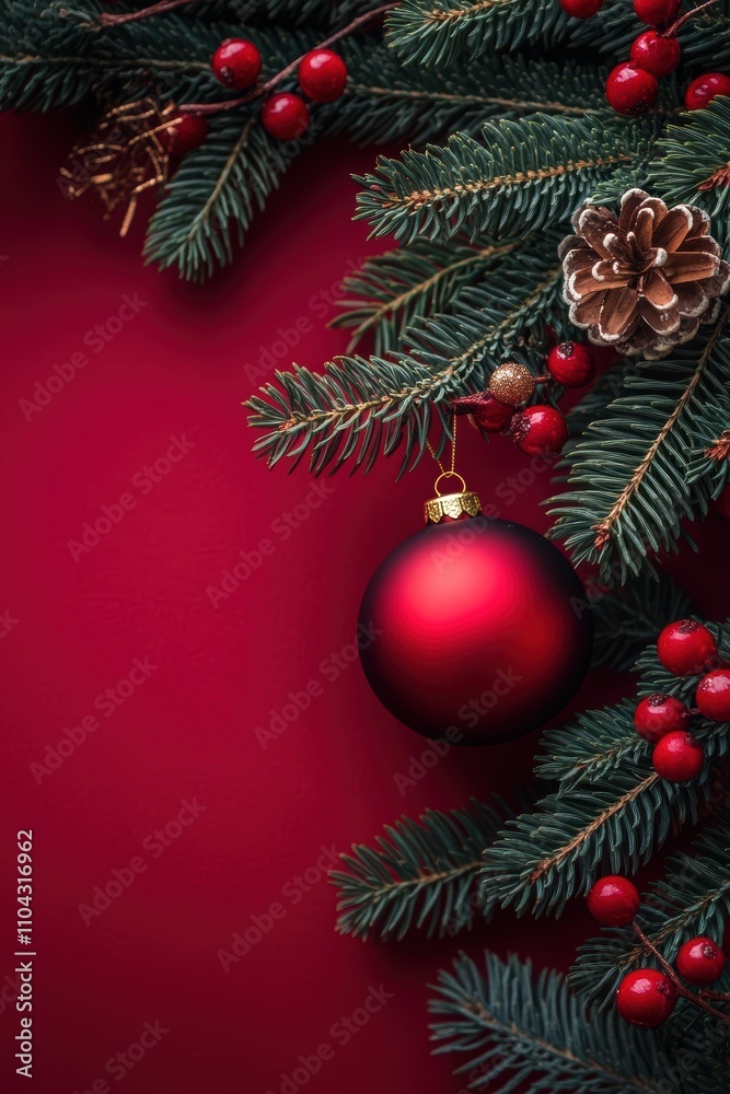 Obraz premium A festive composition featuring evergreen branches, red berries, and a shiny red ornament against a rich red background, Perfect for holiday-themed projects, cards, or social media posts,