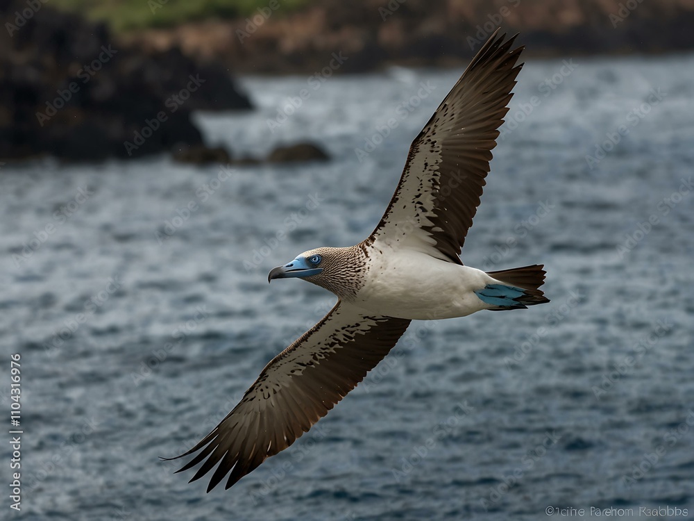 Blue-footed booby in flight, Santa Cruz Island, Galapagos. Blue-footed booby in flight, Santa Cruz Island, Galapagos.