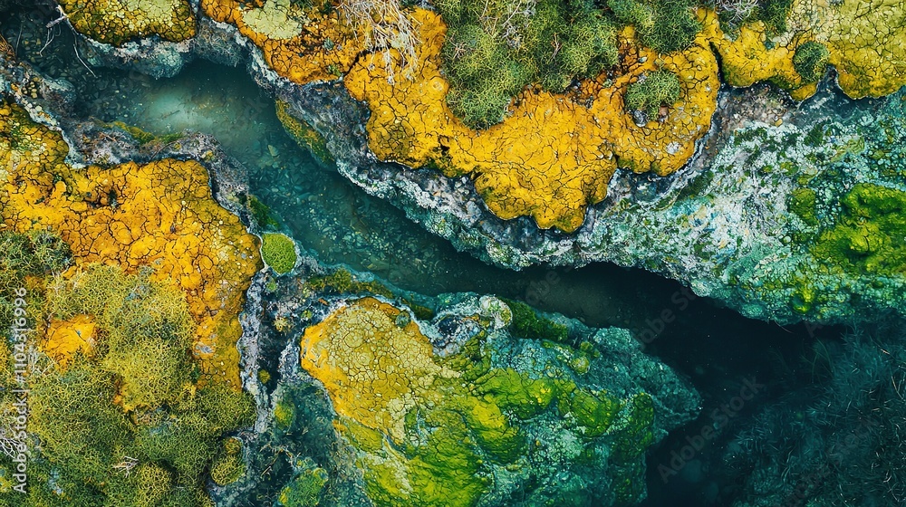 Vibrant patterns of moss and algae in clear water create a stunning landscape Vibrant patterns of moss and algae in clear water create a stunning landscape
