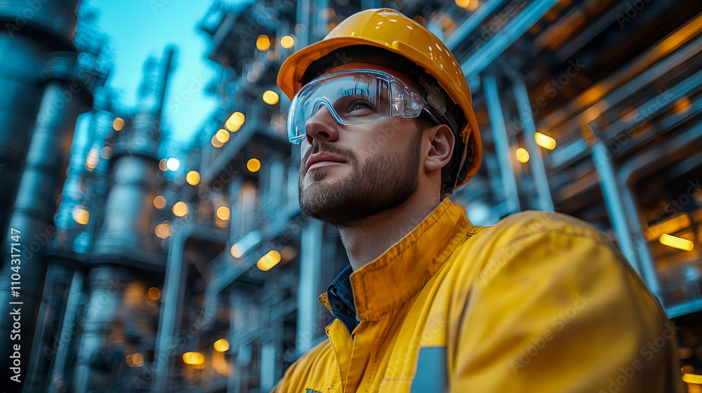 Caucasian male engineer in hard hat and safety gear at industrial facility Caucasian male engineer in hard hat and safety gear at industrial facility