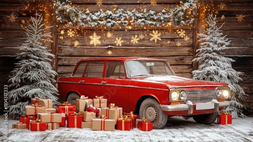 Vintage Red Car Surrounded by Christmas Gifts and Festive Decor