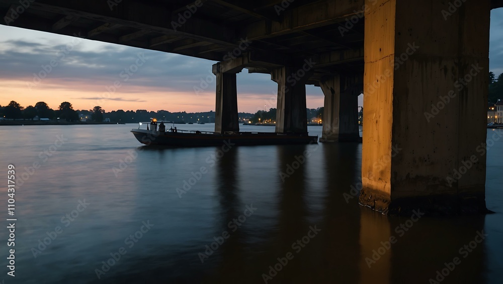 Blurred silhouette of a children's boat under a bridge at twilight. Blurred silhouette of a children's boat under a bridge at twilight.