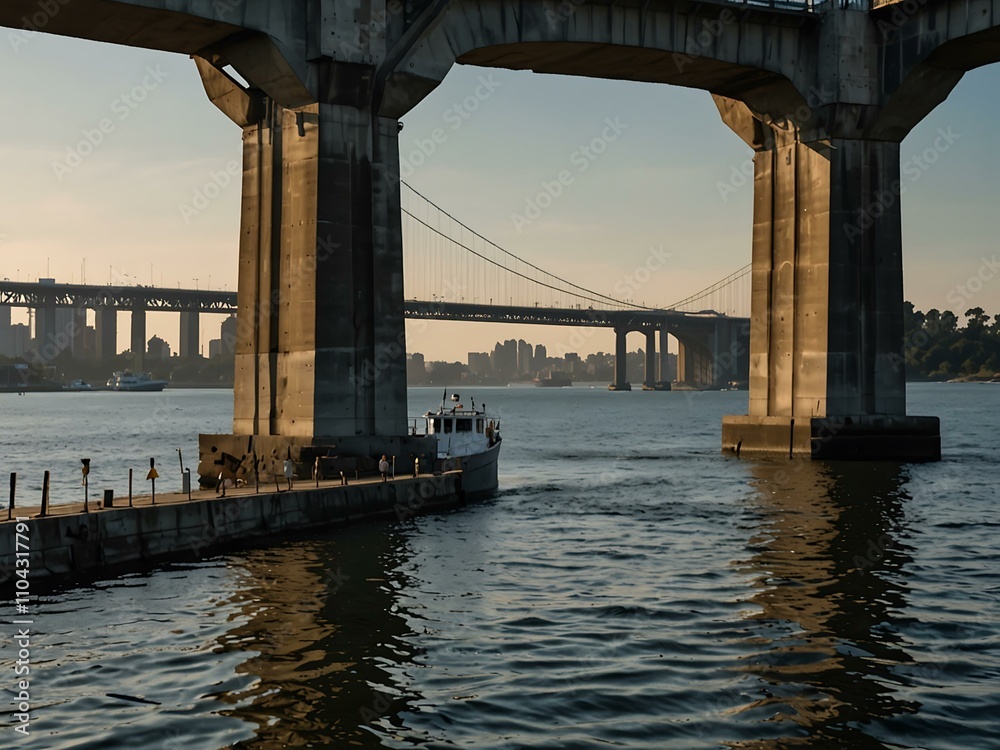 Boat approaching a bridge on the bay. Boat approaching a bridge on the bay.