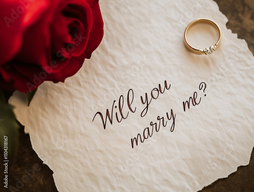 "Will You Marry Me?" note with a rose and diamond ring.