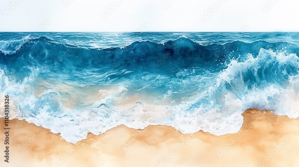 Serene Watercolor Coastal Seascape: A Captivating Beach Scene with Majestic Ocean Waves Serene Watercolor Coastal Seascape: A Captivating Beach Scene with Majestic Ocean Waves