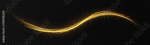 Golden wavy lines with electric effect on transparent background. Sparkling magic particles of dust. Glittering trail of dust.