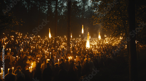 Candlelit procession in a dark forest creates an enchanting atmosphere during a nighttime gathering