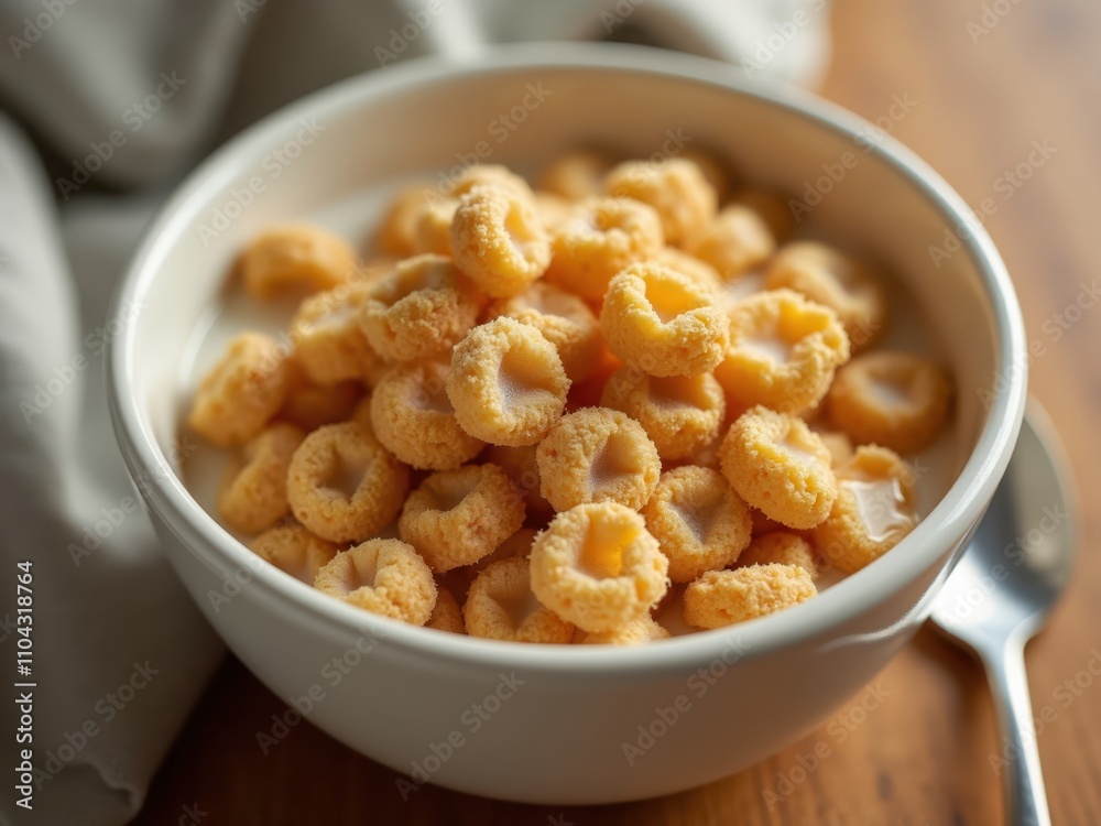 Cereal rings soaking in milk filling white bowl for breakfast Cereal rings soaking in milk filling white bowl for breakfast