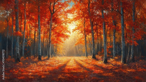 Sunlit autumn forest path, vibrant red and orange leaves, trees, sunlight.