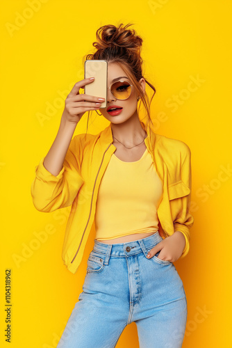 A stylish young woman, around 25 years old, standing in a confident pose while taking a selfie with her smartphone, vibrant yellow background, photorealistic, high fashion vibe.