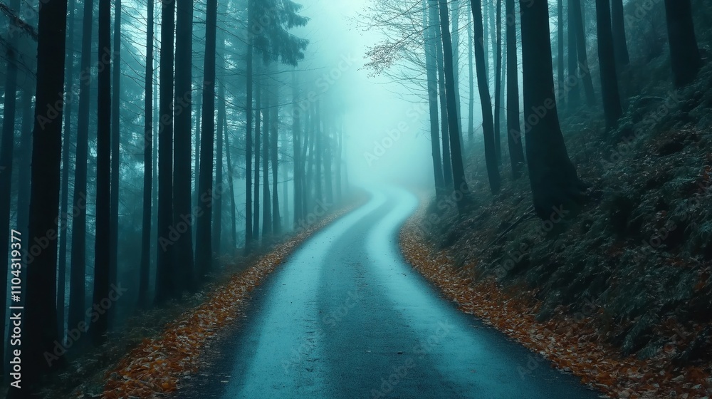 Fototapeta premium Misty forest road winding through tall trees with a layer of fallen leaves by the sides under a foggy atmosphere.