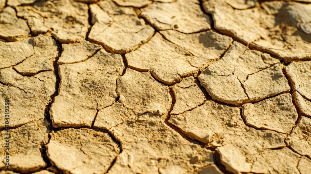 Cracked dry earth texture under sunlight highlighting effects of drought