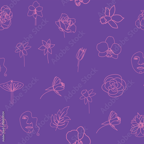 Woman face Continuous line seamless pattern. Abstract Female portrait with flowers. Drawing vector Wallpaper, fabric, wrapping paper, card, poster
