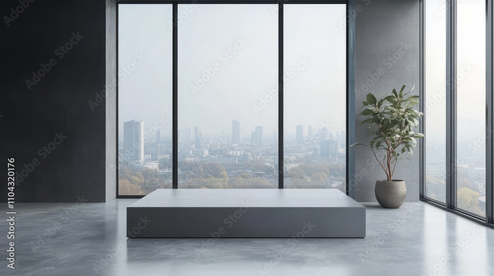 Fototapeta premium A soft gray pedestal near a large window