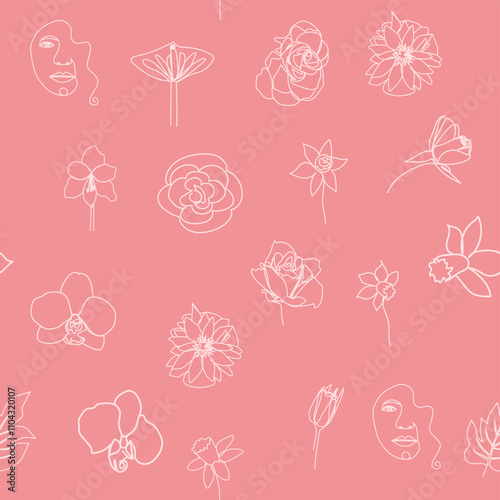 Woman face Continuous line seamless pattern. Abstract Female portrait with flowers. Drawing vector Wallpaper, fabric, wrapping paper, card, poster