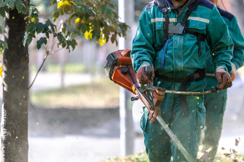 Obraz premium Workers using a trimmer to maintain garden landscaping in a public park during autumn