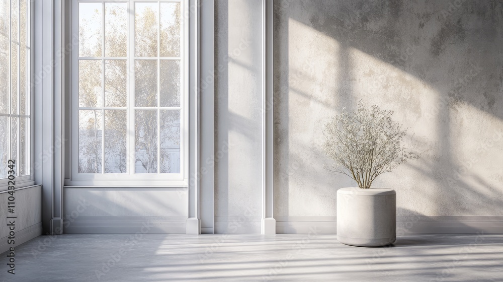 A soft gray pedestal near a large window A soft gray pedestal near a large window