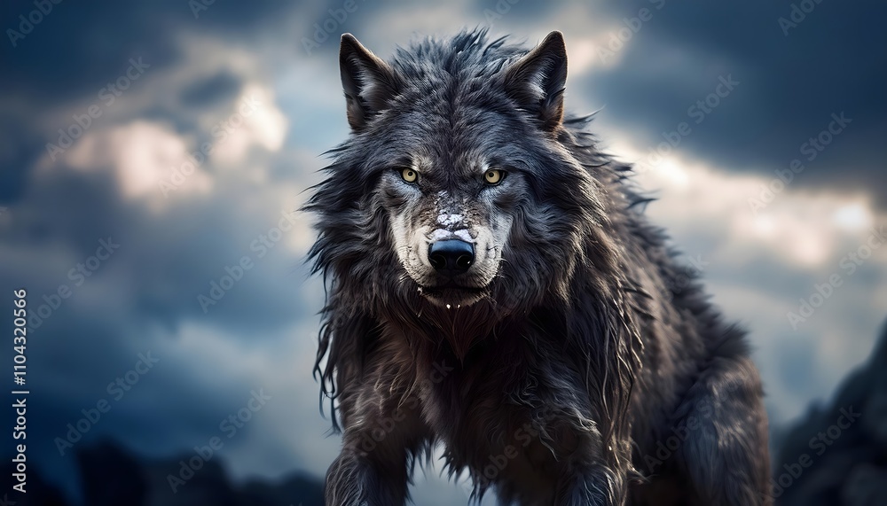 Dark Grey Wolf Portrait Against Cloudy Sky Dark Grey Wolf Portrait Against Cloudy Sky