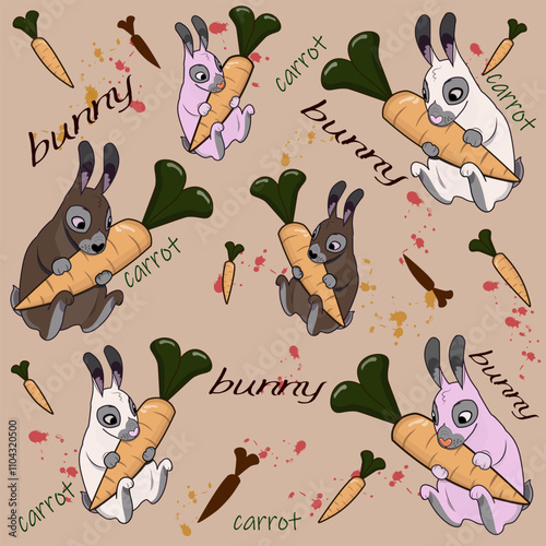 Pattern with bunnies and carrots on a beige background.