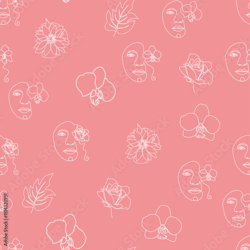 Woman face Continuous line seamless pattern. Abstract Female portrait with flowers. Drawing vector Wallpaper, fabric, wrapping paper, card, poster