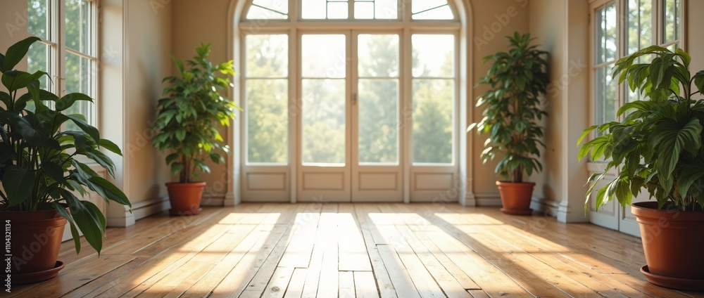 Empty room with parquet floor, large window with a view, and contemporary design Empty room with parquet floor, large window with a view, and contemporary design