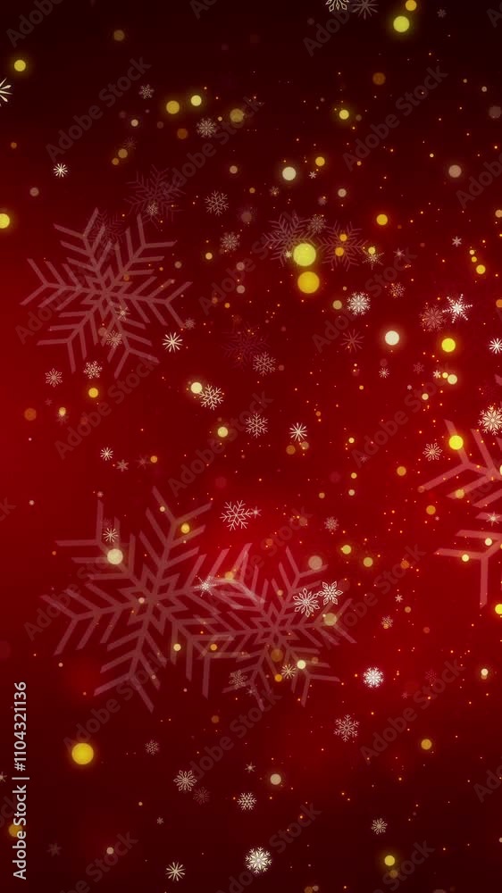 Christmas snowy winter red background. Gold falling snowflakes, abstract landscape. Cold weather effect. Magic nature fantasy snowfall decoration. Vertical video. Christmas snowy winter red background. Gold falling snowflakes, abstract landscape. Cold weather effect. Magic nature fantasy snowfall decoration. Vertical video.