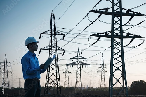 tower power station engineer. male engineer in a hard hat with a tablet. technologies of dangerous electrical towers. current technology. current line design structure volt. power towers at sunset.
