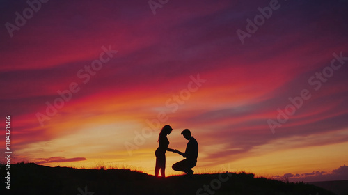 Man proposing at sunset with vivid sky backdrop. photo