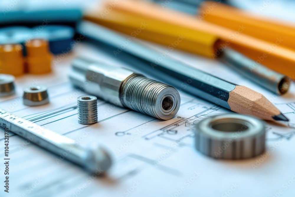 Close up of technical tools, bolts, and pencils placed on a blueprint, representing mechanical engineering and design work.