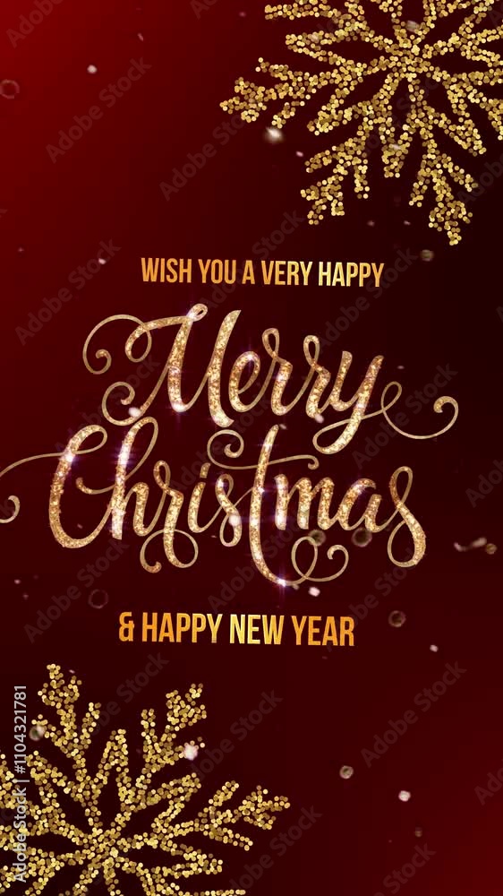 Merry Christmas And New Year Vertical Landscape Celebration With Gold Snowflakes
