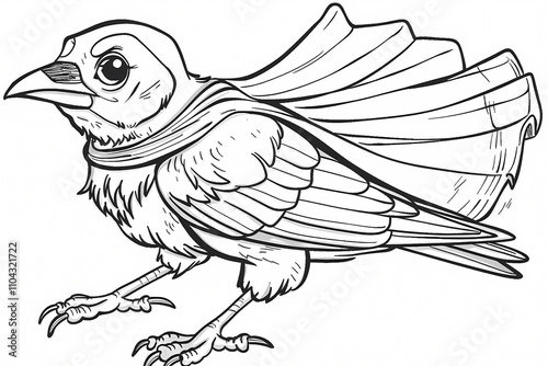 A detailed line drawing of a bird in flight, showcasing its feathers and keen eyes, ideal for coloring or art projects. photo