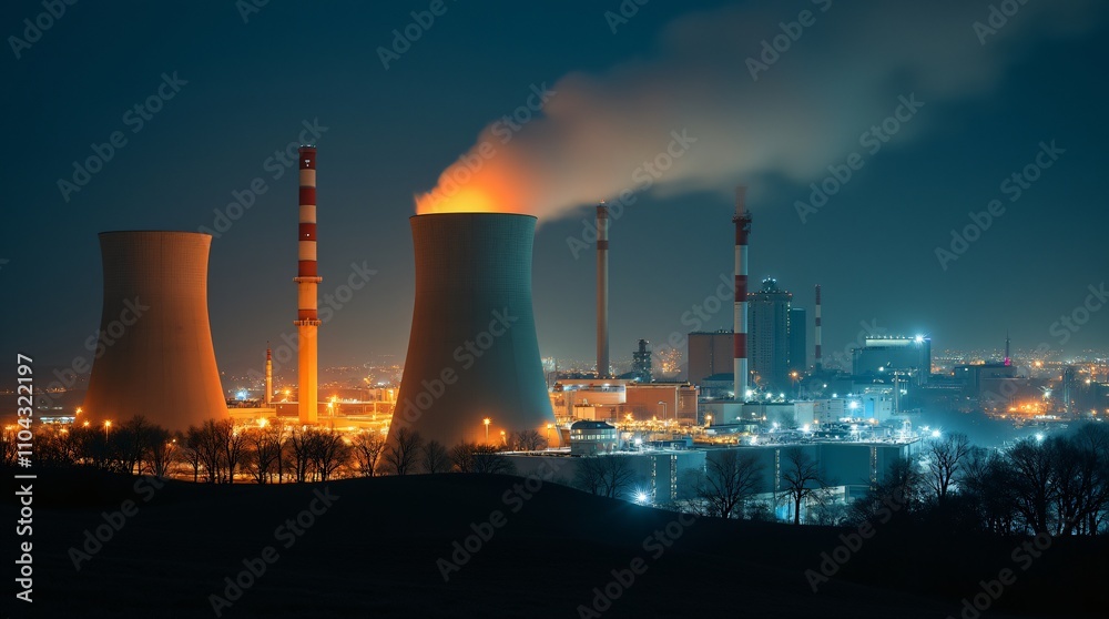 Industrial night sky with billowing smoke from power plant chimneys