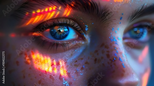 A woman's face with blue eyes and a colorful background