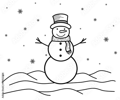 Hand drawn smiling snowman with warm scarf around neck and hat. Christmas funny winter character isolated on white background. Black and white drawing in minimal style. Vector illustration
