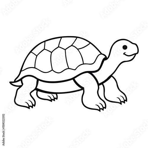 Cute cartoon style outline illustration of a smiling tortoise with a detailed shell