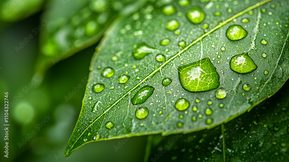 Lush green leaf with fresh water droplets on surface Lush green leaf with fresh water droplets on surface