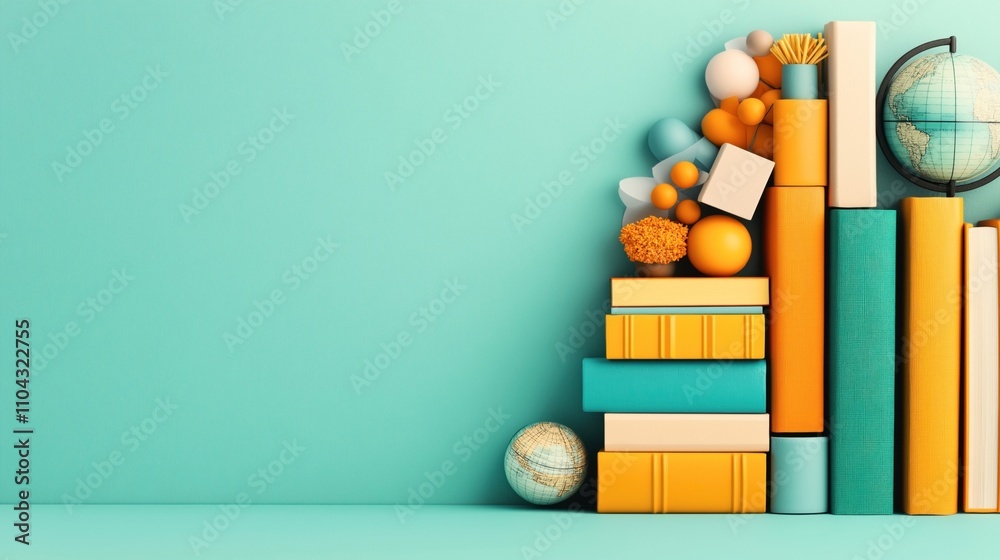 Stack of colorful books with a globe and decorative geometric shapes against a turquoise background Stack of colorful books with a globe and decorative geometric shapes against a turquoise background