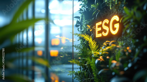 ESG lettering made of plants and glass on blurred office wall background, business, Environmental, Social, and Corporate Governance, set of company performance standards