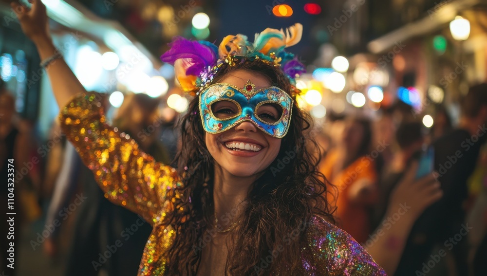 Smiling woman in glittering mask dancing in a festive carnival with colorful lights in the background. Smiling woman in glittering mask dancing in a festive carnival with colorful lights in the background.