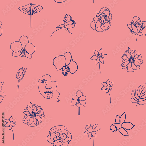 Woman face Continuous line seamless pattern. Abstract Female portrait with flowers. Drawing vector Wallpaper, fabric, wrapping paper, card, poster